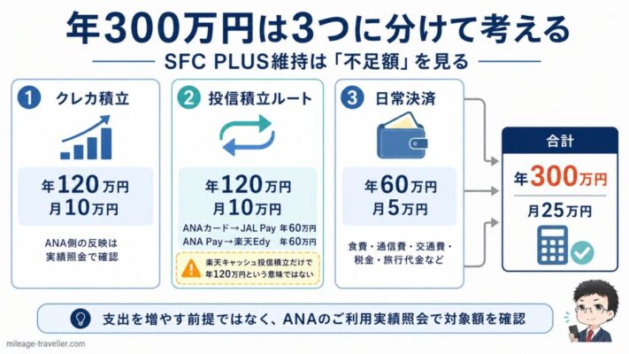 SFC PLUS維持に必要な年300万円を、クレカ積立120万円、楽天キャッシュ決済の投信積立ルート120万円、日常決済60万円に分けて考える図解