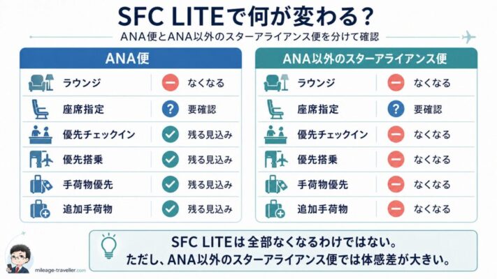 SFC LITEで変わる特典をANA便とANA以外のスターアライアンス便で比較した図