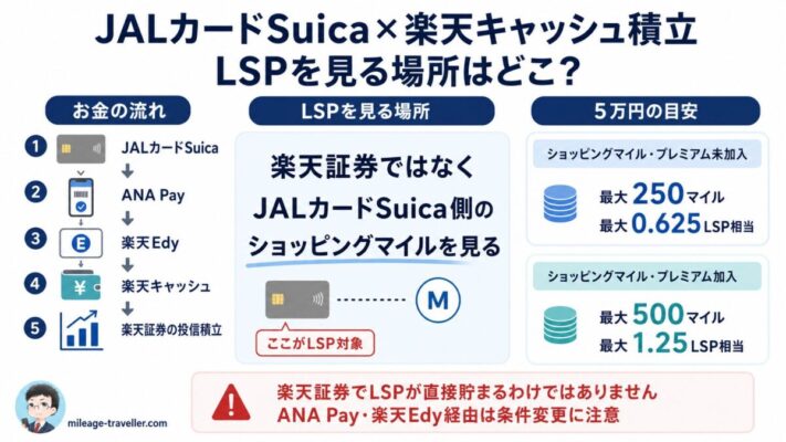 JALカードSuicaからANA Payと楽天Edyを経由して楽天キャッシュ積立に使う場合のLSP対象マイルと5万円試算