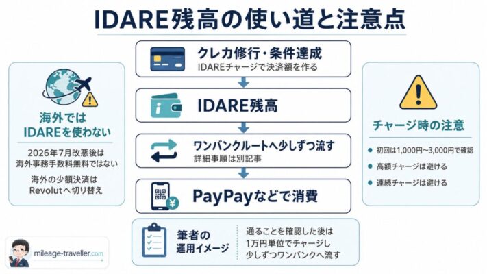 IDARE残高の使い道と注意点を示した図。クレカ修行や条件達成でIDAREにチャージし、たまった残高をワンバンクルートで少しずつPayPayなどへ流して消費する流れと、海外ではIDAREを使わずRevolutへ切り替えること、初回は1,000円〜3,000円で確認し、高額チャージと連続チャージを避ける注意点をまとめている。