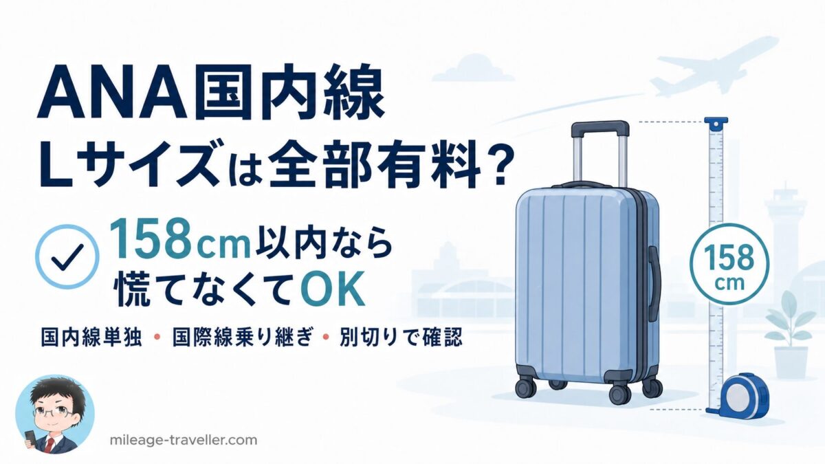 ANA国内線のLサイズスーツケースは全部有料ではなく、158cm以内なら基本サイズ内であることを示すアイキャッチ