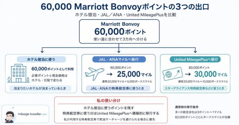 60,000 Marriott Bonvoyポイントをホテル宿泊、JAL・ANAの25,000マイル、United MileagePlusの30,000マイルへ使う比較図