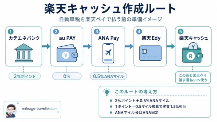 楽天キャッシュを作るまでのルート図。カテエネバンク、au PAY、ANA Pay、楽天Edy、楽天キャッシュの流れを示す図解。