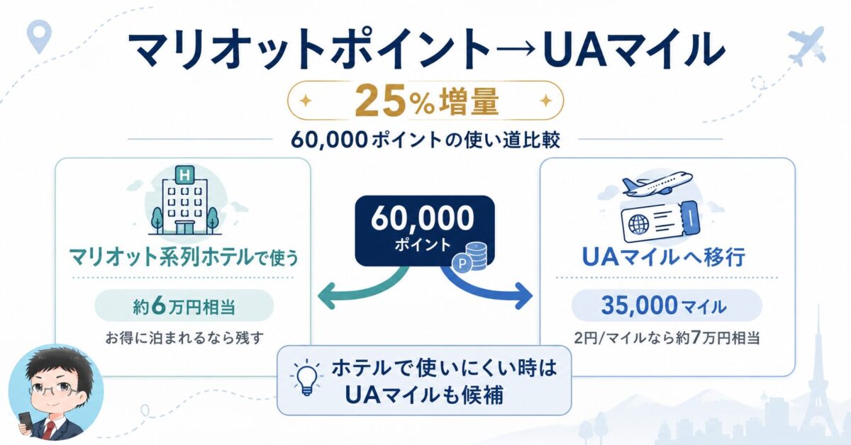マリオットポイント60,000ポイントをホテル利用とUAマイル移行で比較する図解