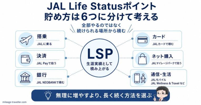 JAL Life Statusポイントの貯め方を、搭乗・JALカード・JAL Pay・JALマイレージパーク・JAL NEOBANK・JALモバイルなどの6分類で整理した図解