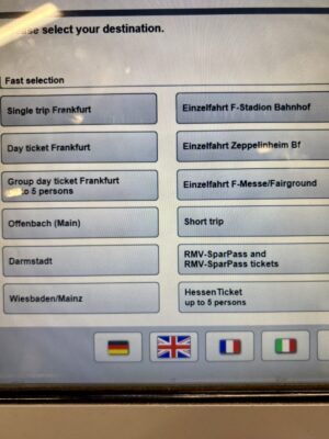 RMV券売機のSingle trip Frankfurt選択画面