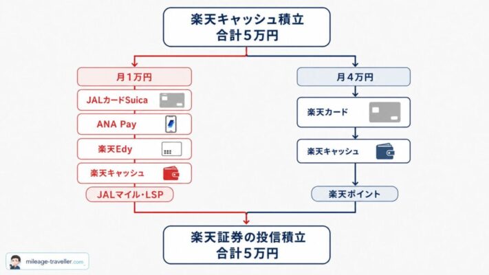 楽天キャッシュ積立5万円を、月1万円のJALカードSuicaルートと月4万円の楽天カードルートに分けて楽天証券の投信積立へつなぐ図解