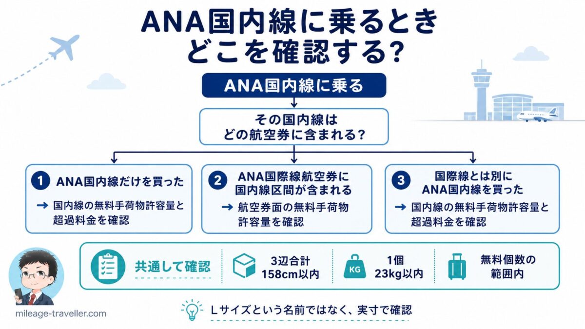 ANA国内線に乗るとき、国内線単独、国際線航空券に含まれる国内線、別切り国内線のどれかで確認する無料手荷物許容量が変わることを示した図解