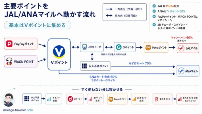 Vポイントを中心に、PayPayポイント、WAON POINT、Ponta、Gポイント、JRキューポ、永久不滅ポイントをJALマイルやANAマイルへつなげる流れを示した図解