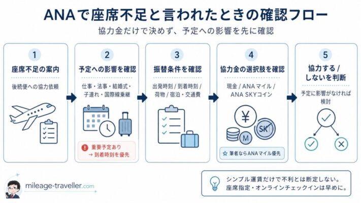 ANA国内線で座席不足と言われたときに、予定への影響、振替条件、協力金の選択肢を確認する流れ