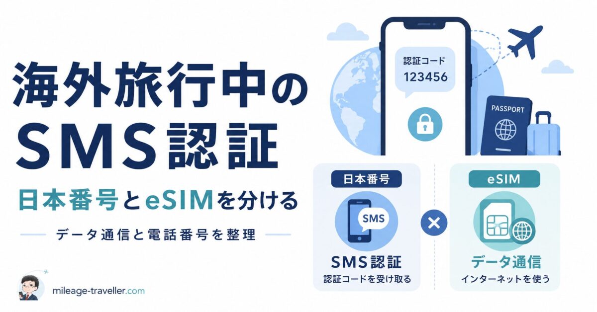 海外旅行中のSMS認証に備えて、日本番号と海外データ通信用eSIMを分けて考えることを示したアイキャッチ画像