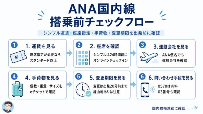 ANA国内線に乗る前に確認したい運賃、座席指定、運航会社、手荷物、変更期限、問い合わせ手段のチェックフロー