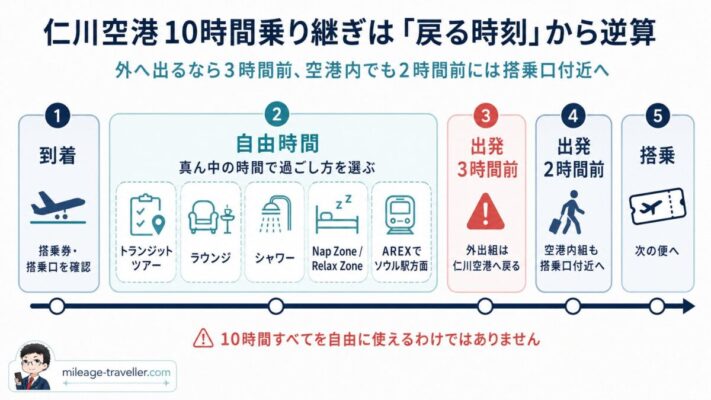 仁川空港で10時間乗り継ぐときに、出発3時間前・2時間前から逆算して過ごし方を選ぶタイムライン図