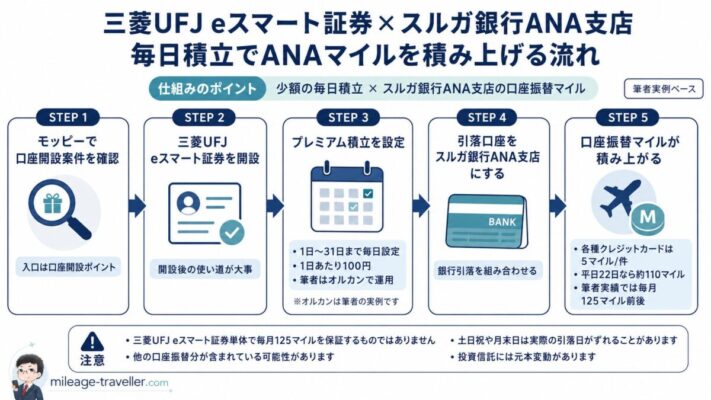 三菱UFJ eスマート証券の毎日積立とスルガ銀行ANA支店の口座振替マイルの流れ