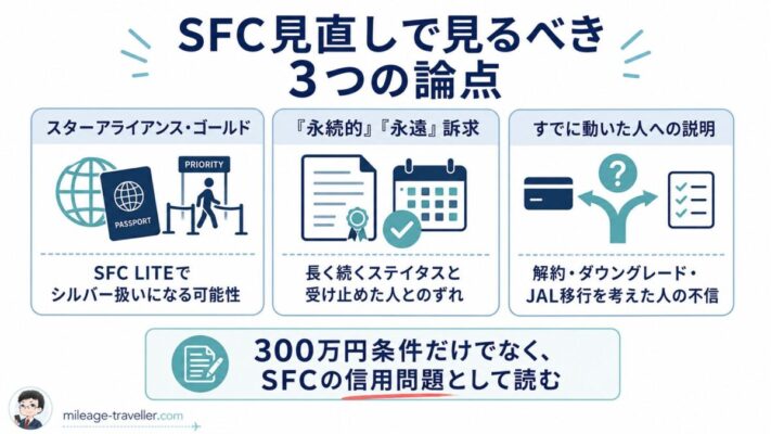 ANA SFC見直しで、スター アライアンス・ゴールド、過去の永続的訴求、解約やJAL移行への不信を整理した図解