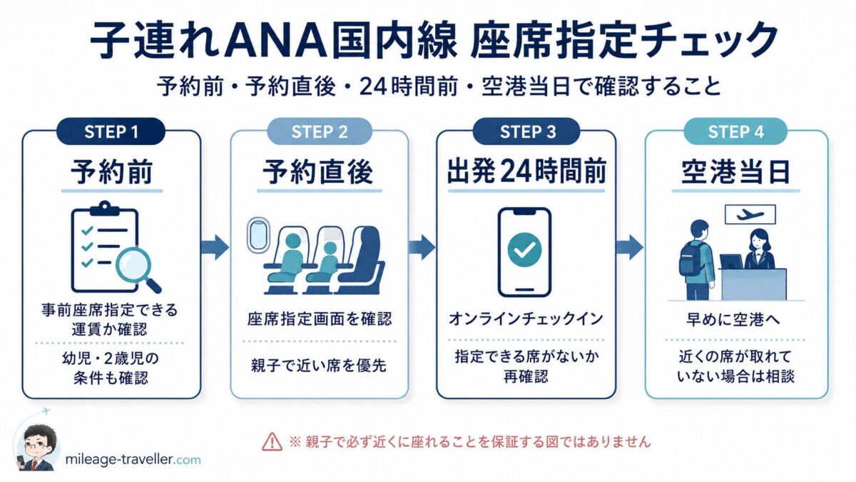 子連れでANA国内線を予約する際に、座席指定を確認するタイミングを示した図。予約前、予約直後、出発24時間前、空港当日の確認ポイントを整理しています。