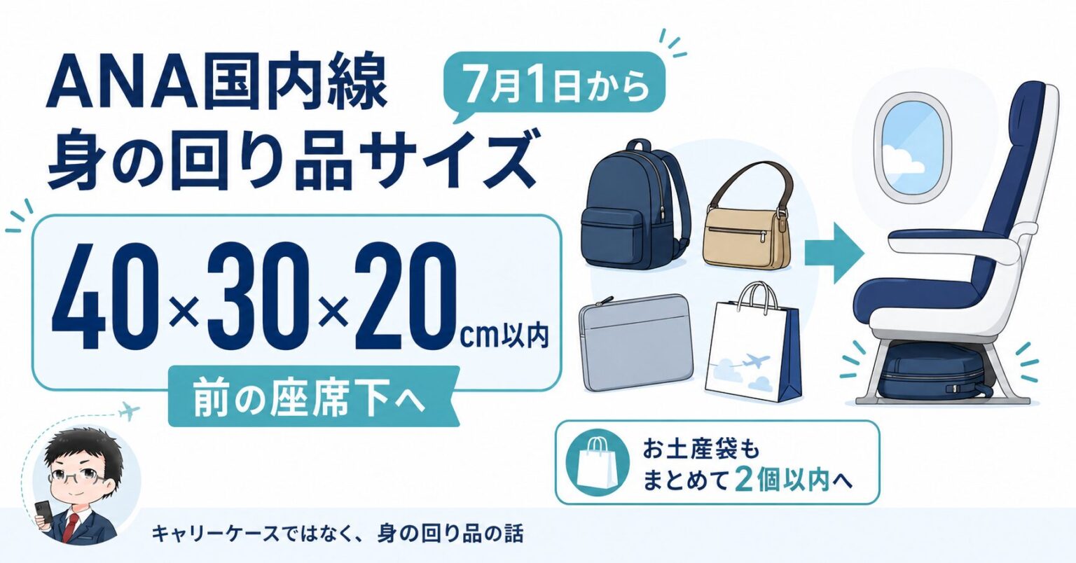 ANA国内線の身の回り品サイズが7月1日から40×30×20cm以内になることを示すアイキャッチ
