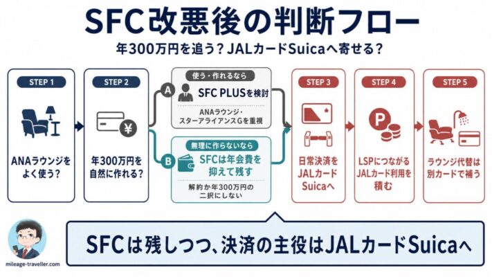 SFC改悪後に年300万円を追うか、SFCを年会費を抑えて残しJALカードSuicaへ寄せるかを整理した判断フロー