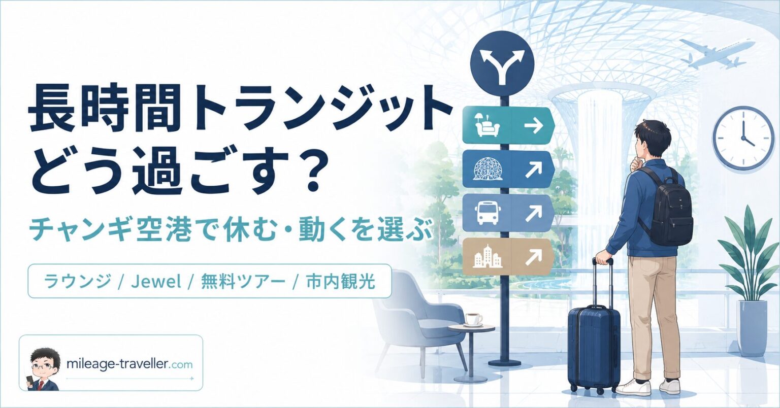 チャンギ空港で長時間トランジットを過ごすために、ラウンジ、Jewel、無料ツアー、市内観光を選ぶ判断イメージ