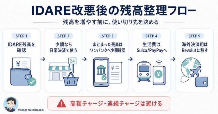 IDARE改悪後に、残高確認、日常決済、ワンバンクへの少額確認、Suica・PayPay、Revolutへの使い分けを整理したフロー図