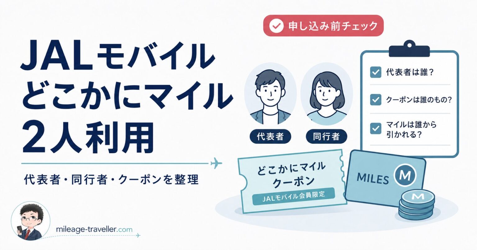 JALモバイルのどこかにマイルクーポンを2人で使う前に代表者と同行者の確認点を整理するアイキャッチ