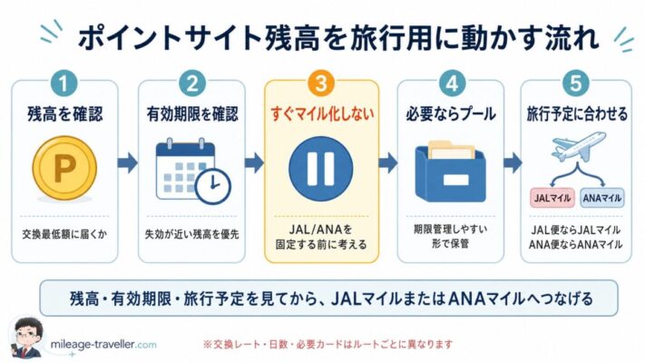 ポイントサイト残高を旅行用に使うため、残高確認、有効期限確認、プール、JALマイルまたはANAマイルへの交換を順に示した図解