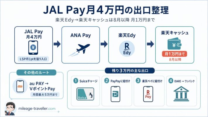 JAL Pay月4万円をANA Pay、楽天Edy、楽天キャッシュへ流し、8月以降の楽天キャッシュ月1万円上限後に残りをSuica、PayPay、楽天ペイ、IDARE、ワンバンク、au PAY、VポイントPayへ分ける図解