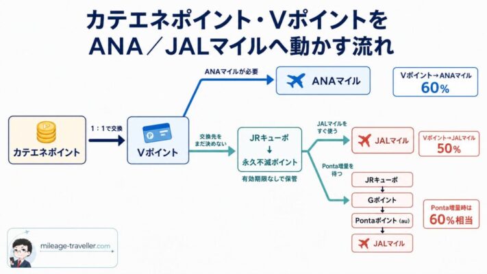 カテエネポイントとVポイントをANA・JALマイルへ動かす交換ルートの全体像