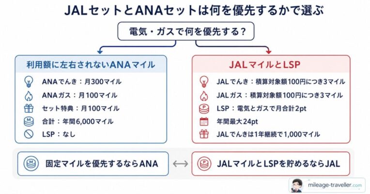 JALでんき+JALガスとANAでんき+ANAガスの選び方を、マイルとLSPで比較した図