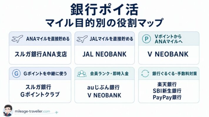 銀行ポイ活でJALマイル・ANAマイルを貯める銀行口座の役割マップ