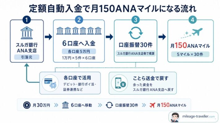 スルガ銀行ANA支店から6口座へ定額自動入金し、30件の口座振替で月150ANAマイルを得て、余った資金をことら送金で戻す流れの図解