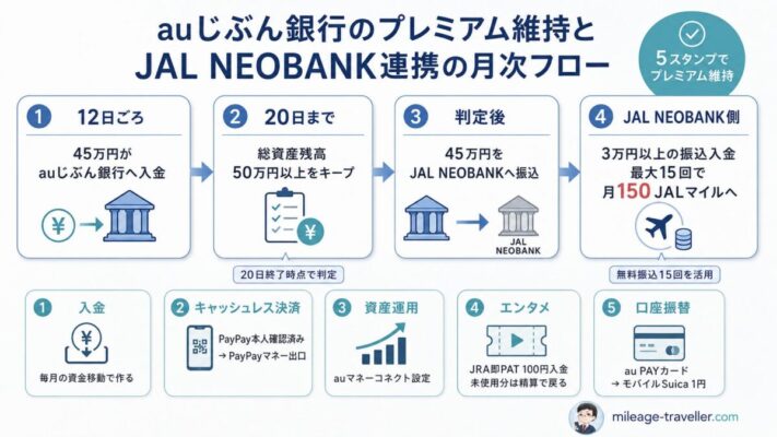 auじぶん銀行のプレミアム維持とJAL NEOBANK連携の月次フロー図。12日ごろに45万円がauじぶん銀行へ入金し、20日まで総資産残高50万円以上を維持、判定後に45万円をJAL NEOBANKへ振り込み、3万円以上の振込入金150 JALマイルと定額自動入金による口座振替25 JALマイルを組み合わせる流れを整理した図。