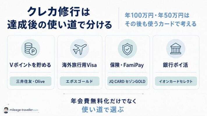 クレカ修行を達成後の使い道で4つに分けた図解。Vポイント、海外旅行用Visa、JQ CARD セゾンGOLDの保険とFamiPay、銀行ポイ活の使い分けを示している。