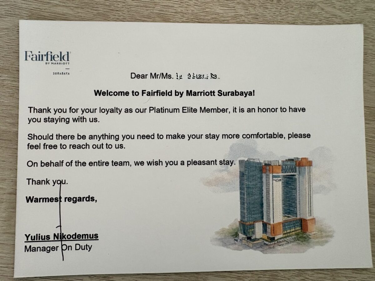 Fairfield by Marriott Surabayaのプラチナエリート向けウェルカムメッセージ