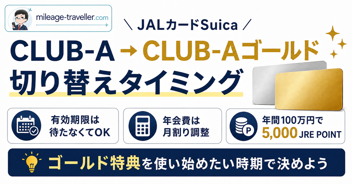 JALカードSuica CLUB-AからCLUB-Aゴールドへの切替タイミングを解説するアイキャッチ