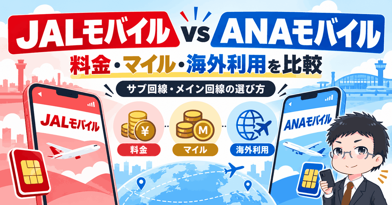 JALモバイルとANAモバイルの料金・マイル・海外利用を比較したイラスト