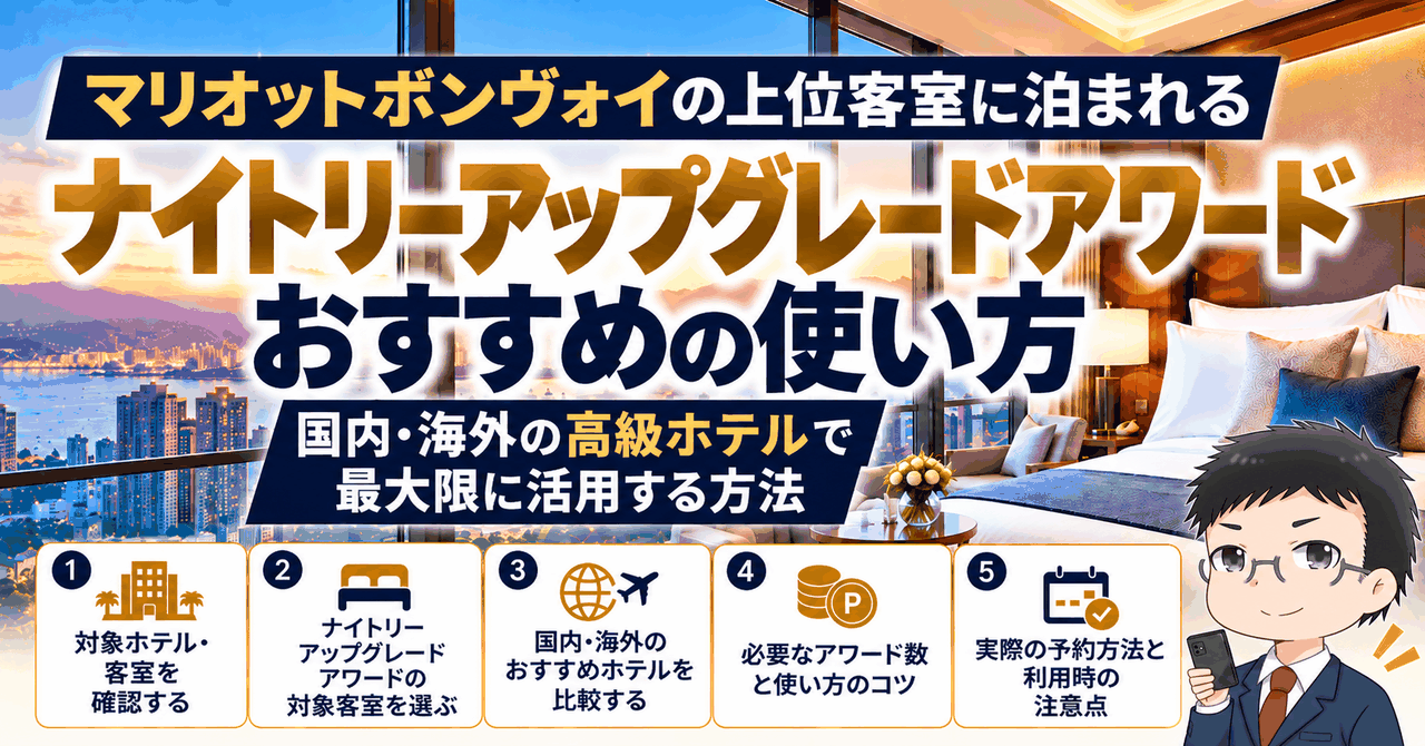 マリオットボンヴォイのナイトリーアップグレードアワードのおすすめの使い方を示したアイキャッチ